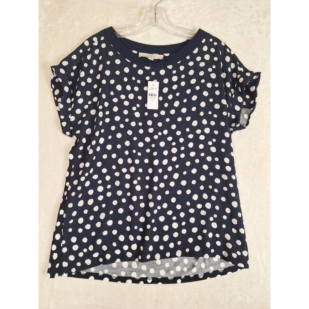 Womens LOFT Top Size M Navy Blue Polka Dot Print Cuffed Sleeve Lightweight NWT